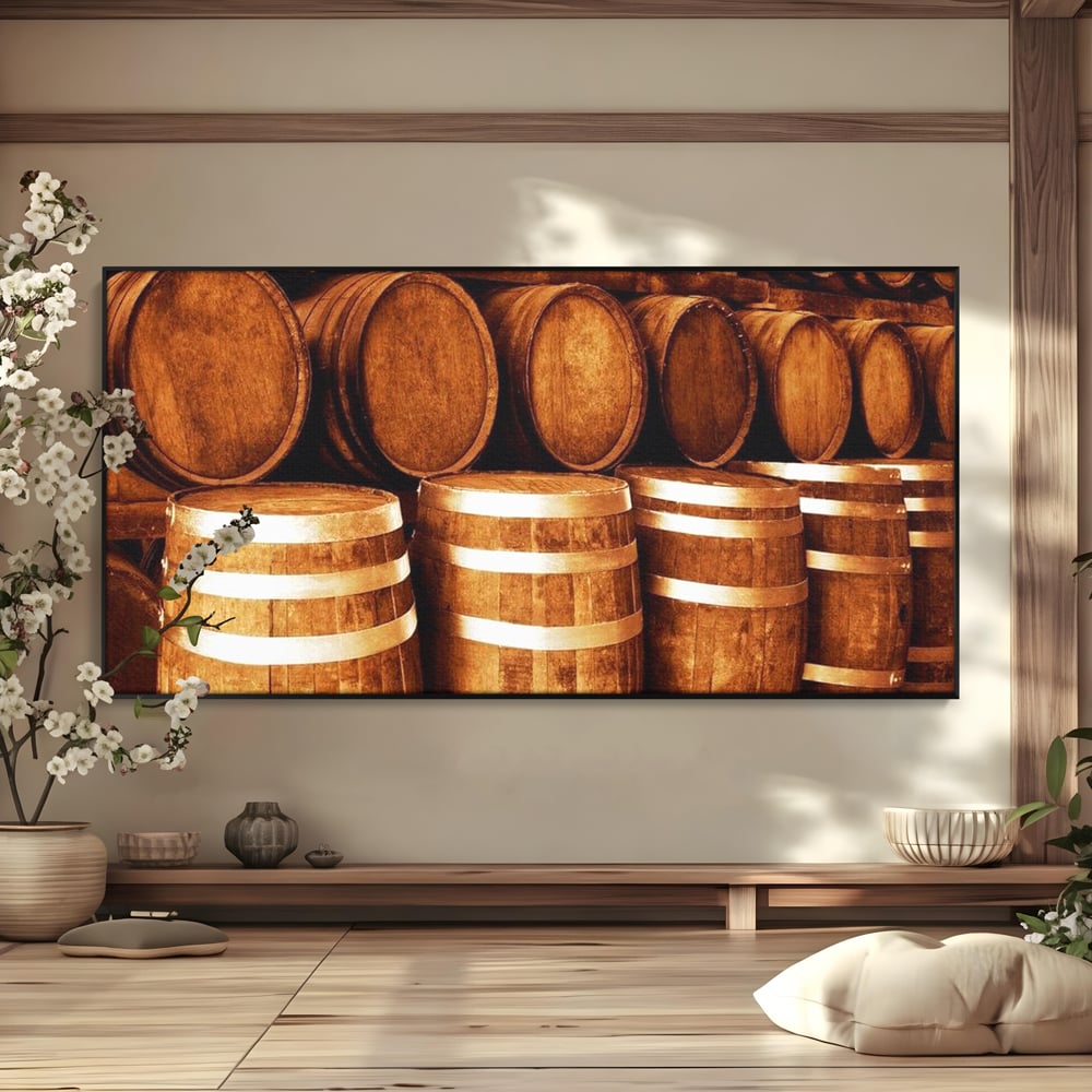 Tablou canvas cu tablou canvas cu butoaie din lemn, in rama de aluminiu negru